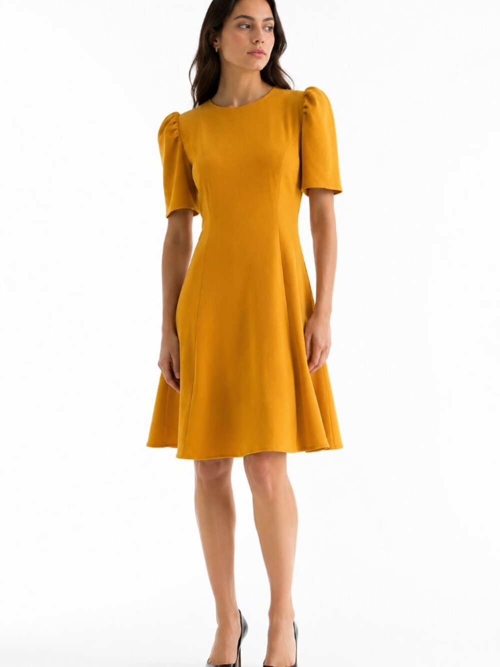 KARL LAGERFELD MUSTARD YELLOW PUFF-SLEEVE SCUBA CREPE A-LINE DRESS - 2